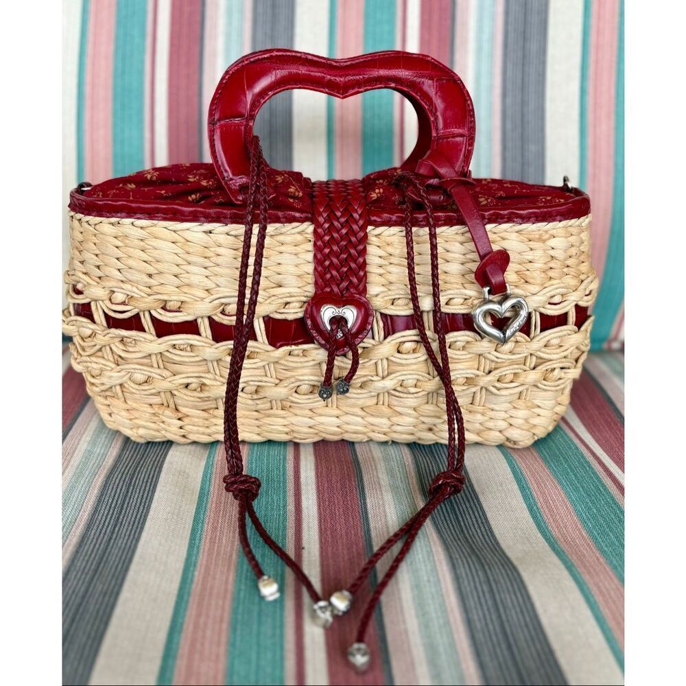 BRIGHTON Vintage "Marilyn" Woven Heart Satchel/Red Croco-Embossed Leather Trim - Picture 2 of 14